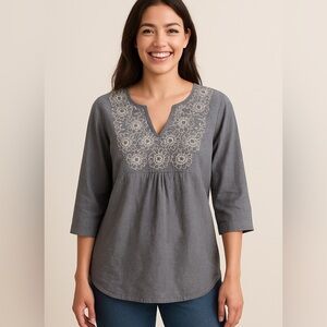 Boden England Gray Embroidered Chambray Tunic Top 3/4 Sleeve Women’s 16